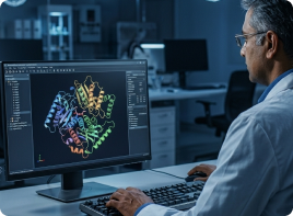 Scientist studying a protein structure late at night